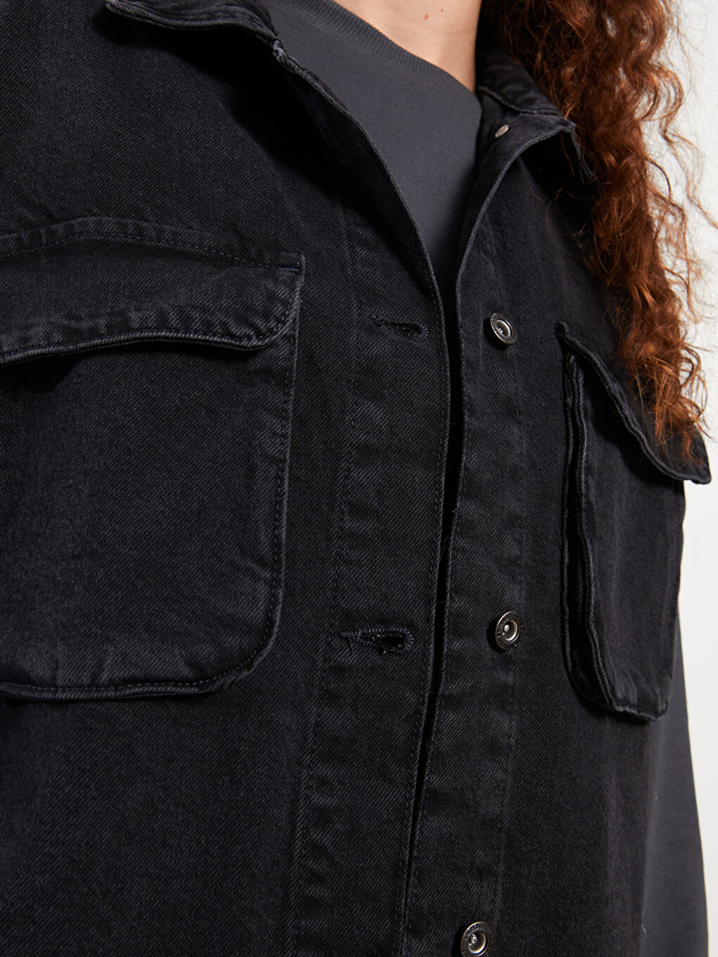 Siyah Kadın Gömlek Yaka Düz Jean Yelek-4