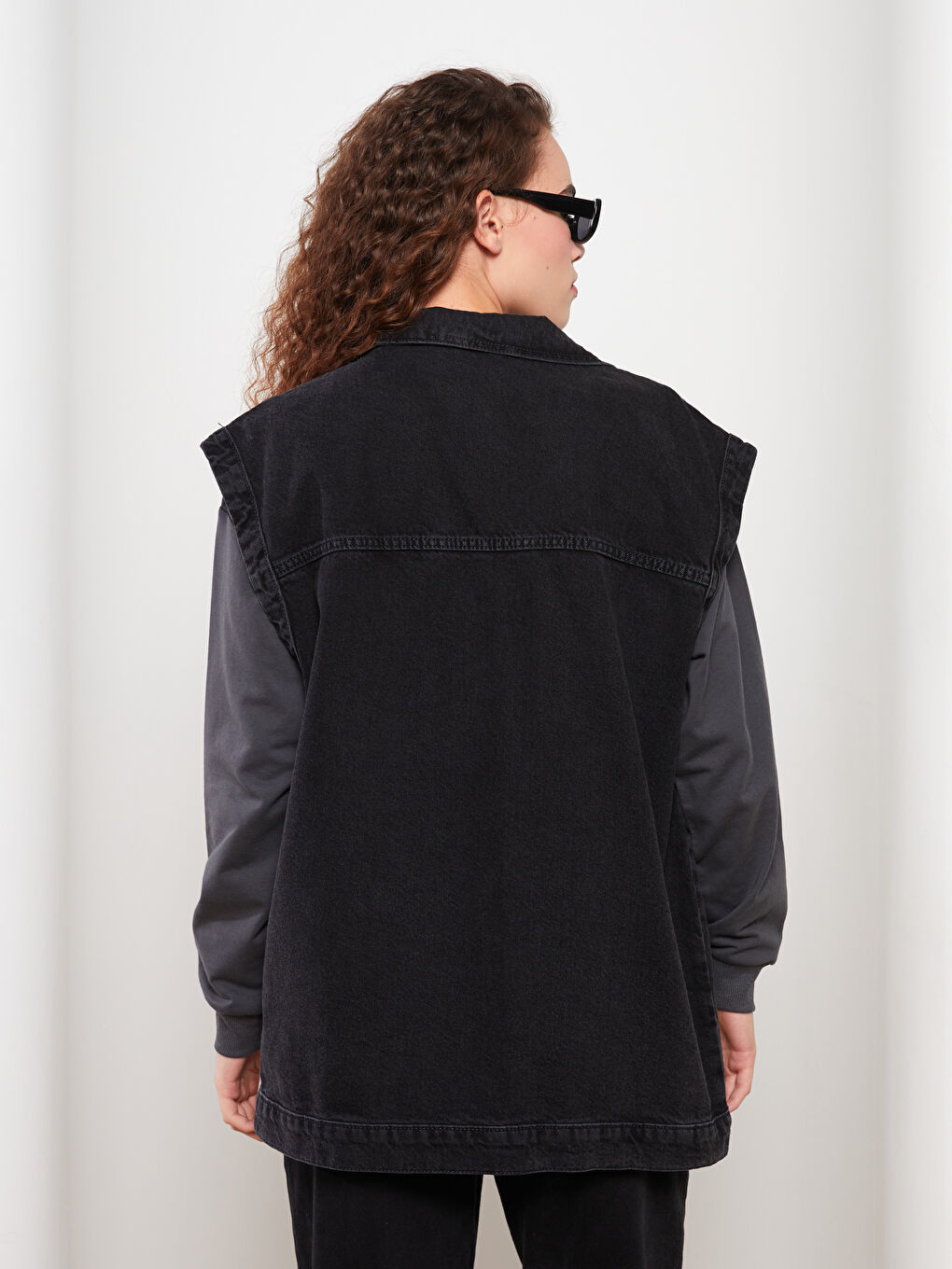 Siyah Kadın Gömlek Yaka Düz Jean Yelek-5