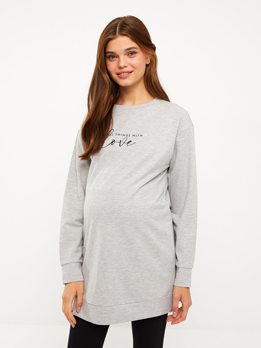 Tunică pentru gravide cu mânecă lungă și guler rotund imprimată