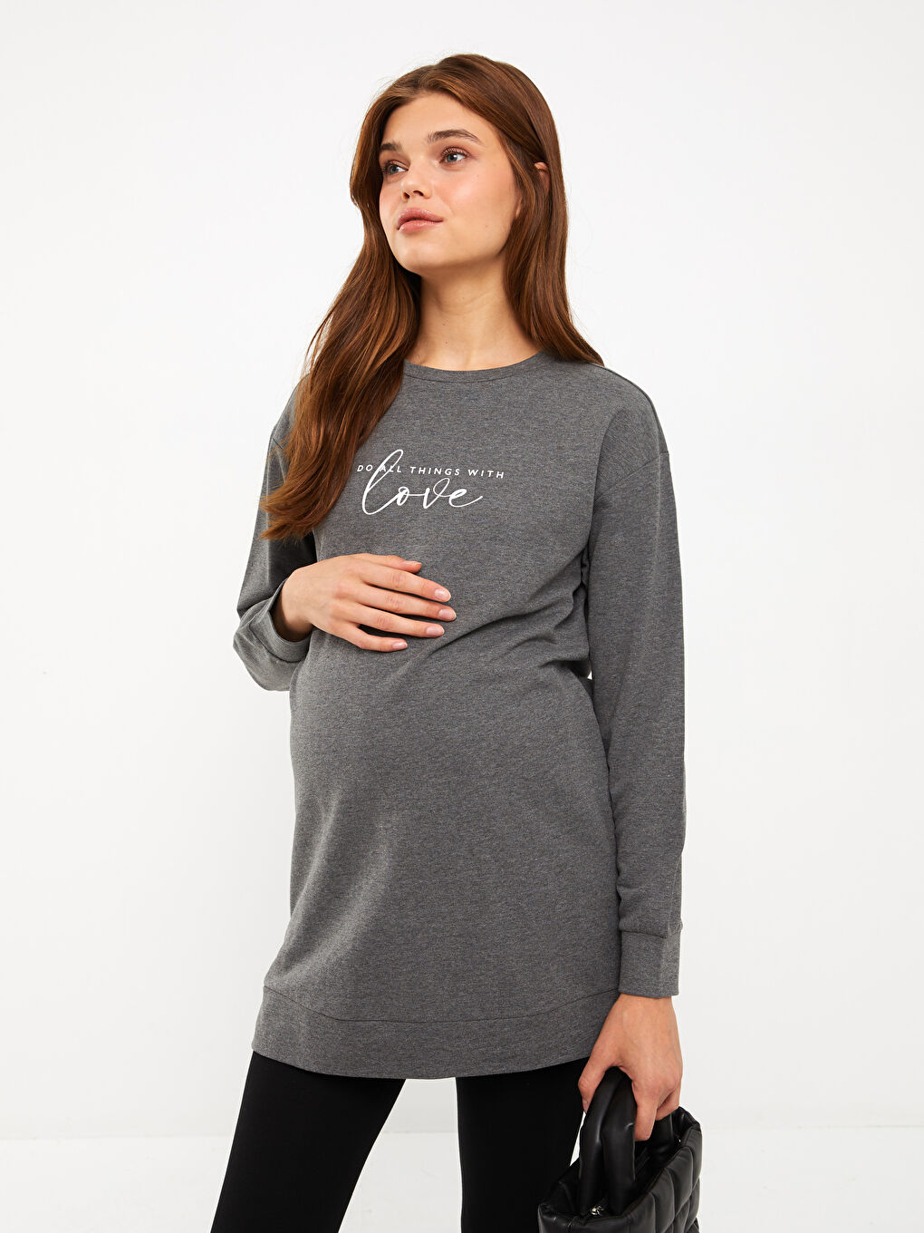 Antrasit Bisiklet Yaka Baskılı Uzun Kollu Hamile Tunik-1