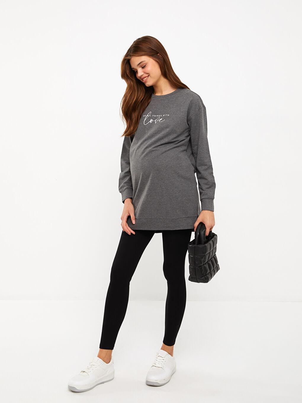 Antrasit Bisiklet Yaka Baskılı Uzun Kollu Hamile Tunik-2