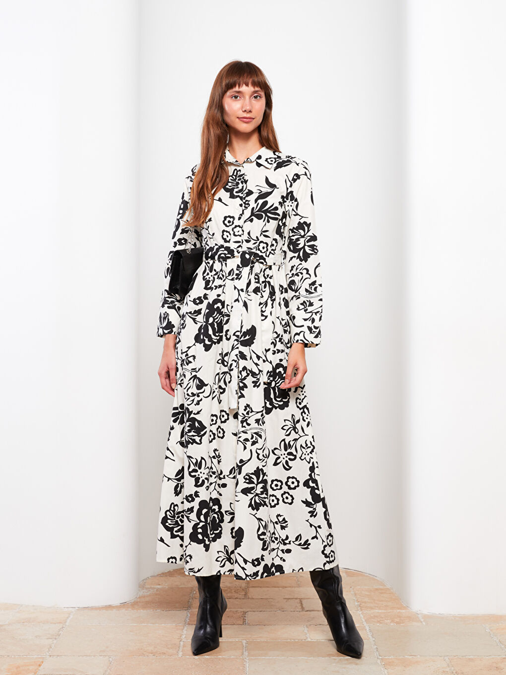 Siyah Çiçekli Uzun Kollu Poplin Kadın Gömlek Elbise