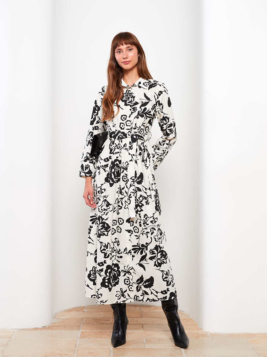 Siyah Çiçekli Uzun Kollu Poplin Kadın Gömlek Elbise-1