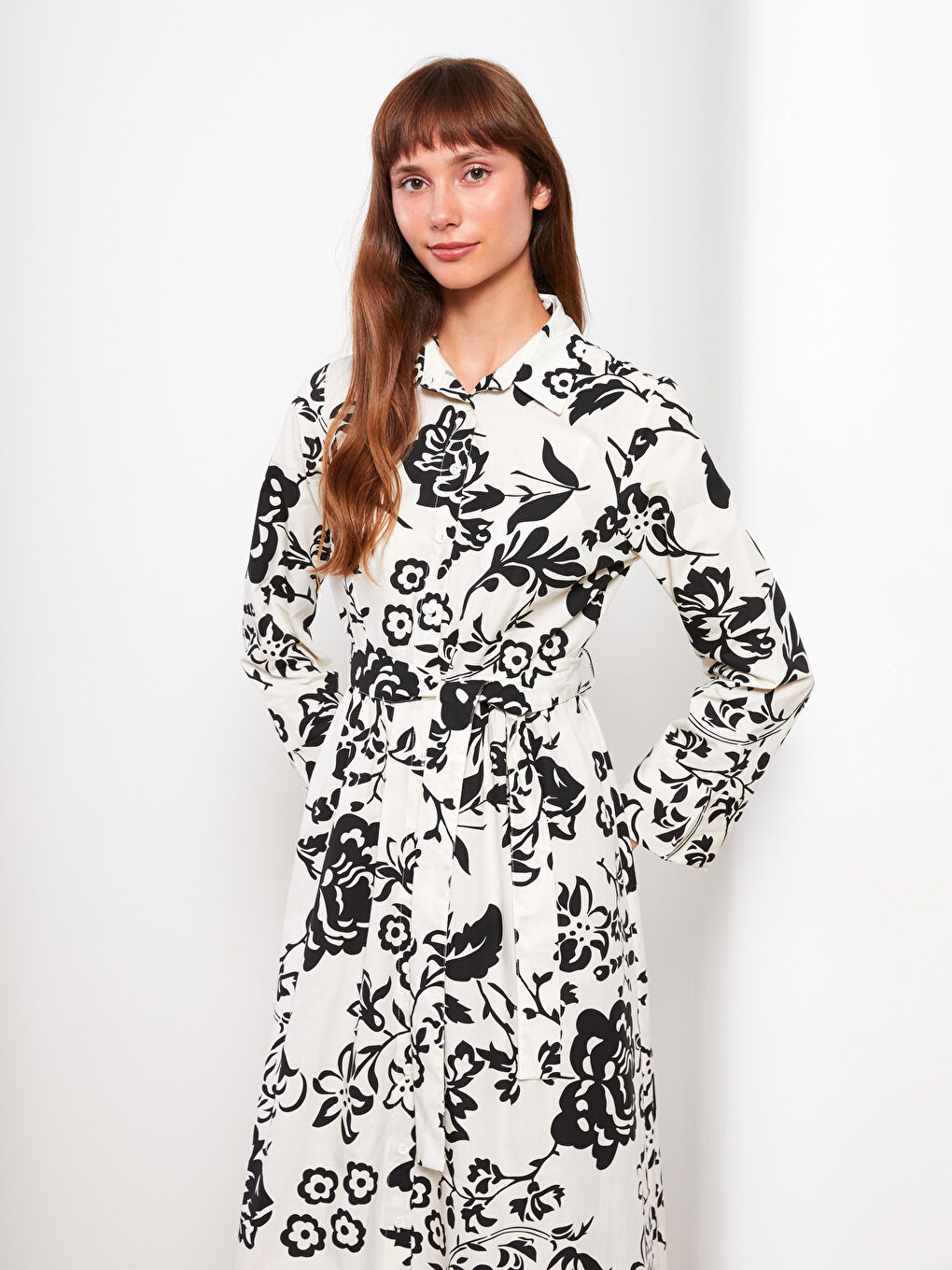 Siyah Çiçekli Uzun Kollu Poplin Kadın Gömlek Elbise-2