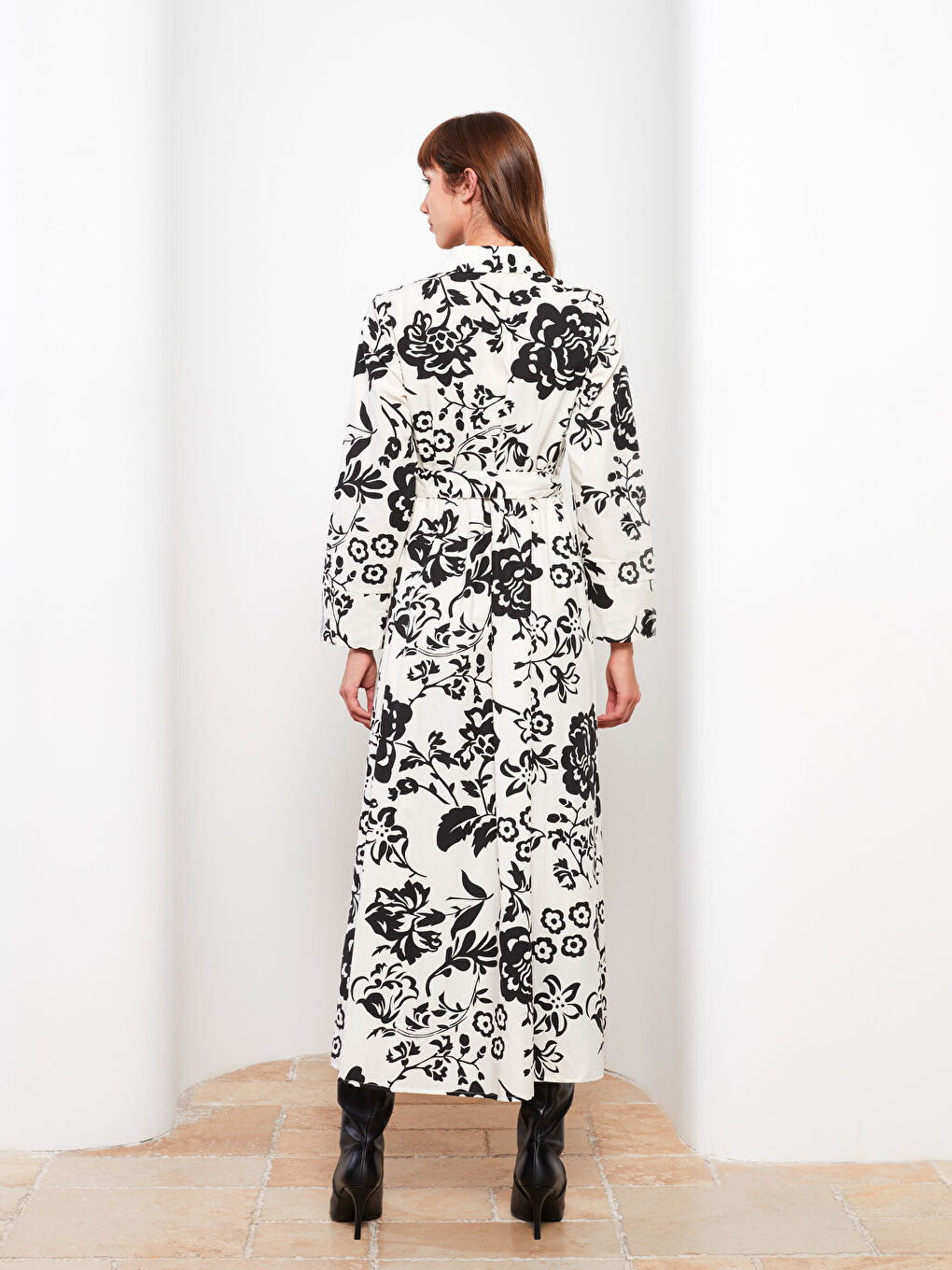 Siyah Çiçekli Uzun Kollu Poplin Kadın Gömlek Elbise-4