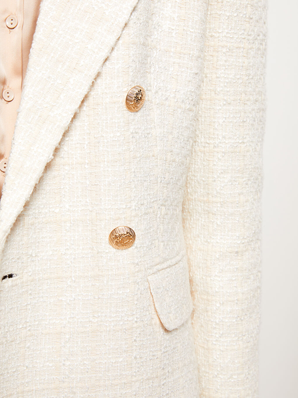 Ekru Kendinden Desenli Uzun Kollu Kadın Blazer Ceket-4