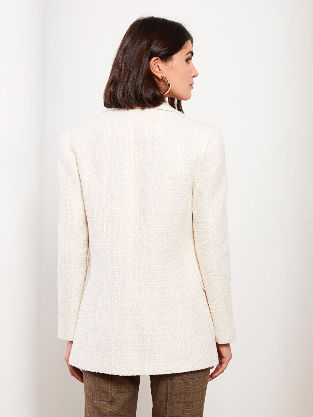 Ekru Kendinden Desenli Uzun Kollu Kadın Blazer Ceket-5