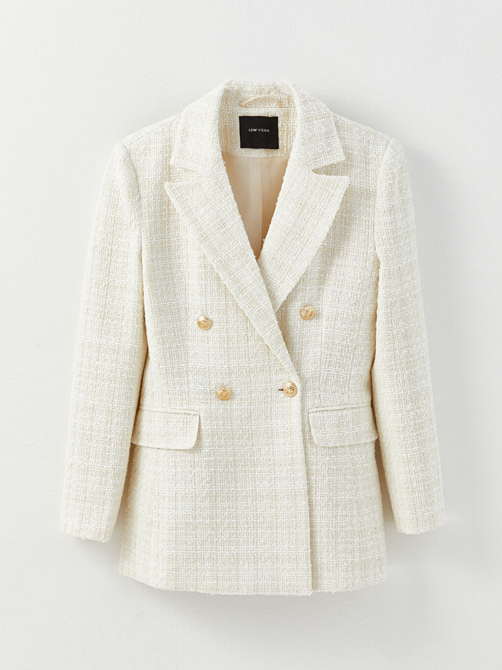 Ekru Kendinden Desenli Uzun Kollu Kadın Blazer Ceket-6