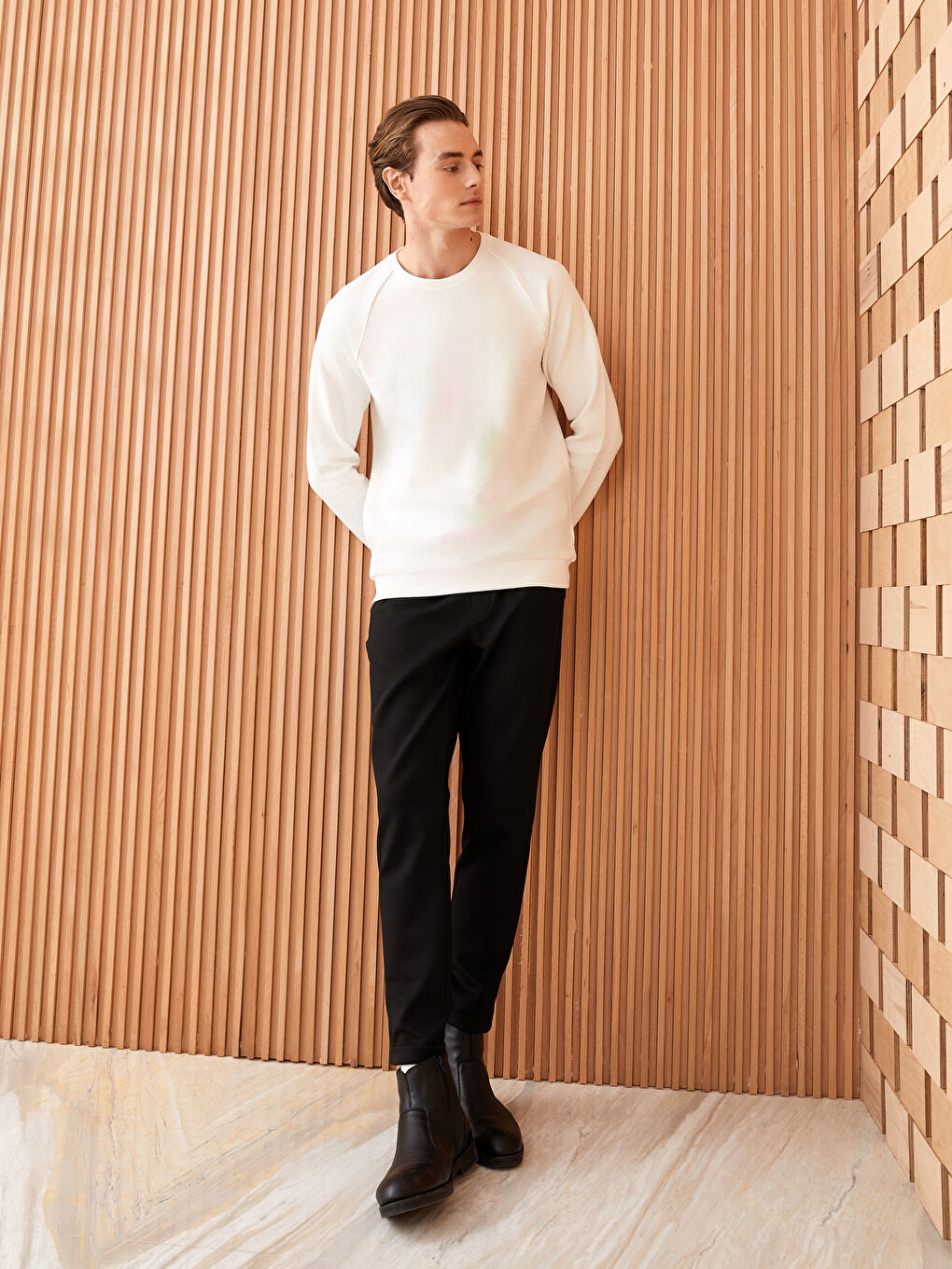 Ekru Bisiklet Yaka Uzun Kollu Erkek Sweatshirt-1