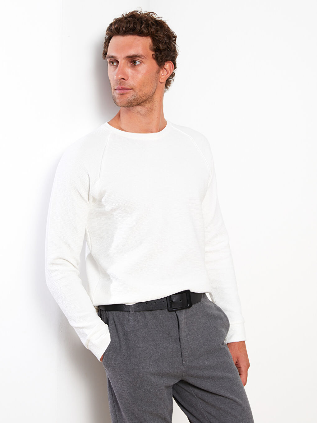 Ekru Bisiklet Yaka Uzun Kollu Erkek Sweatshirt-2