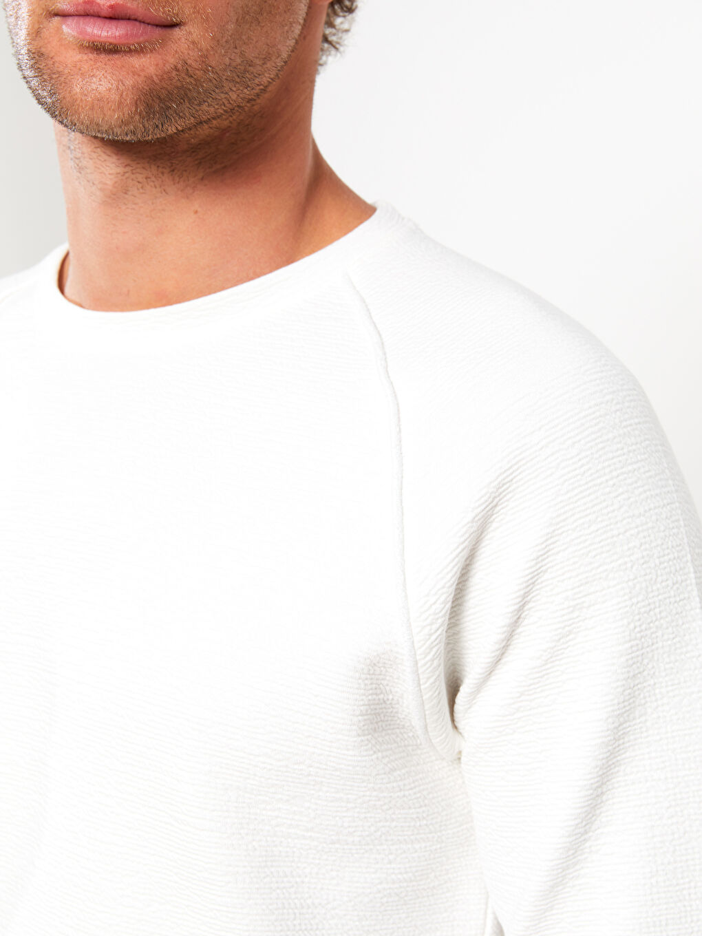 Ekru Bisiklet Yaka Uzun Kollu Erkek Sweatshirt-5