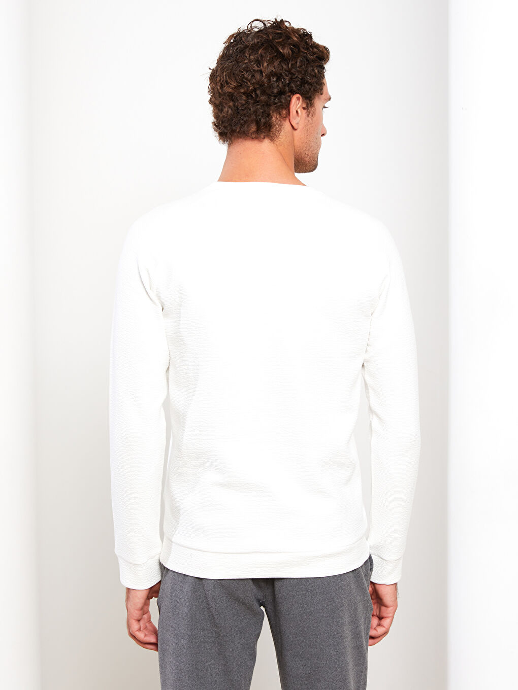 Ekru Bisiklet Yaka Uzun Kollu Erkek Sweatshirt-6