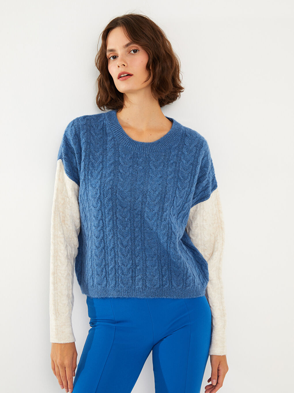 әйелдерге арналған дөңгелек жағалы өрнекті ұзын жең трикотаж жемпір