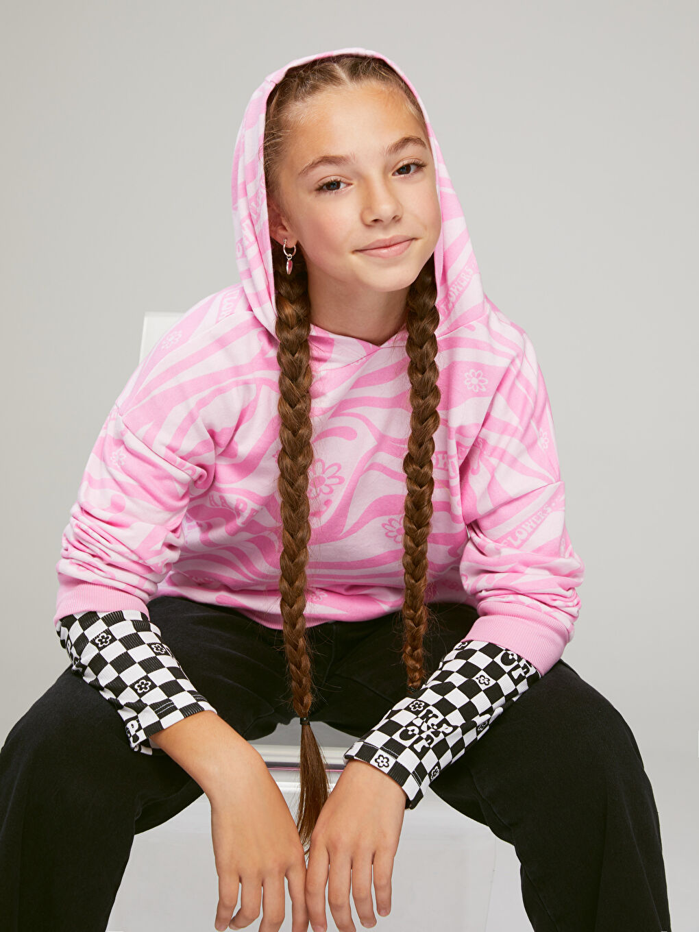 Hanorac cu Glugă Imprimat cu Mânecă Lungă pentru Fete