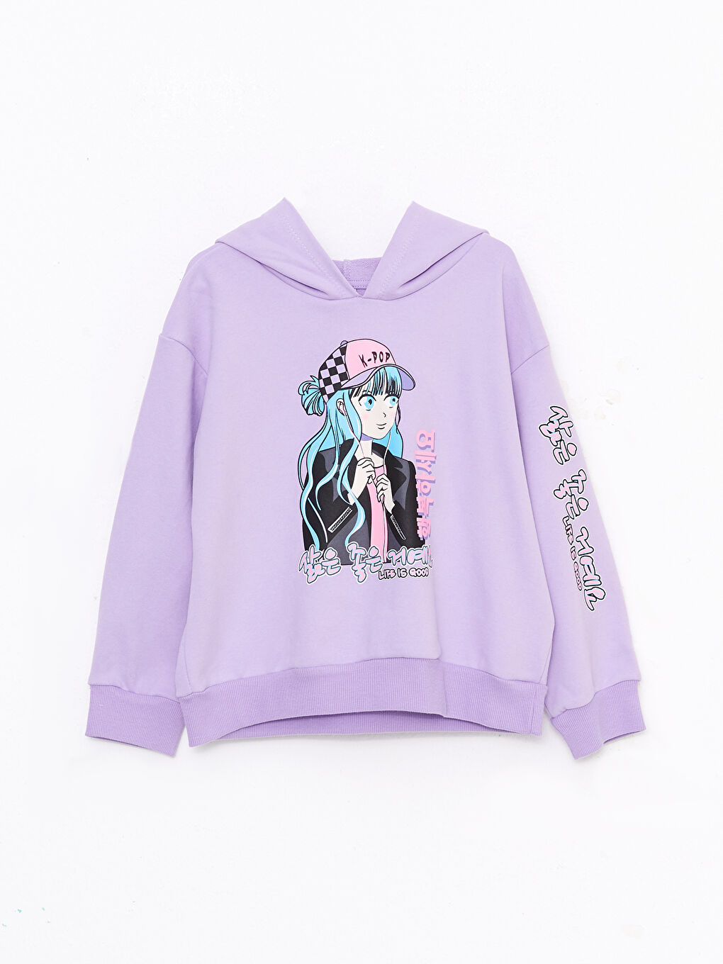 Lila Kapüşonlu K-Pop Baskılı Uzun Kollu Kız Çocuk Sweatshirt