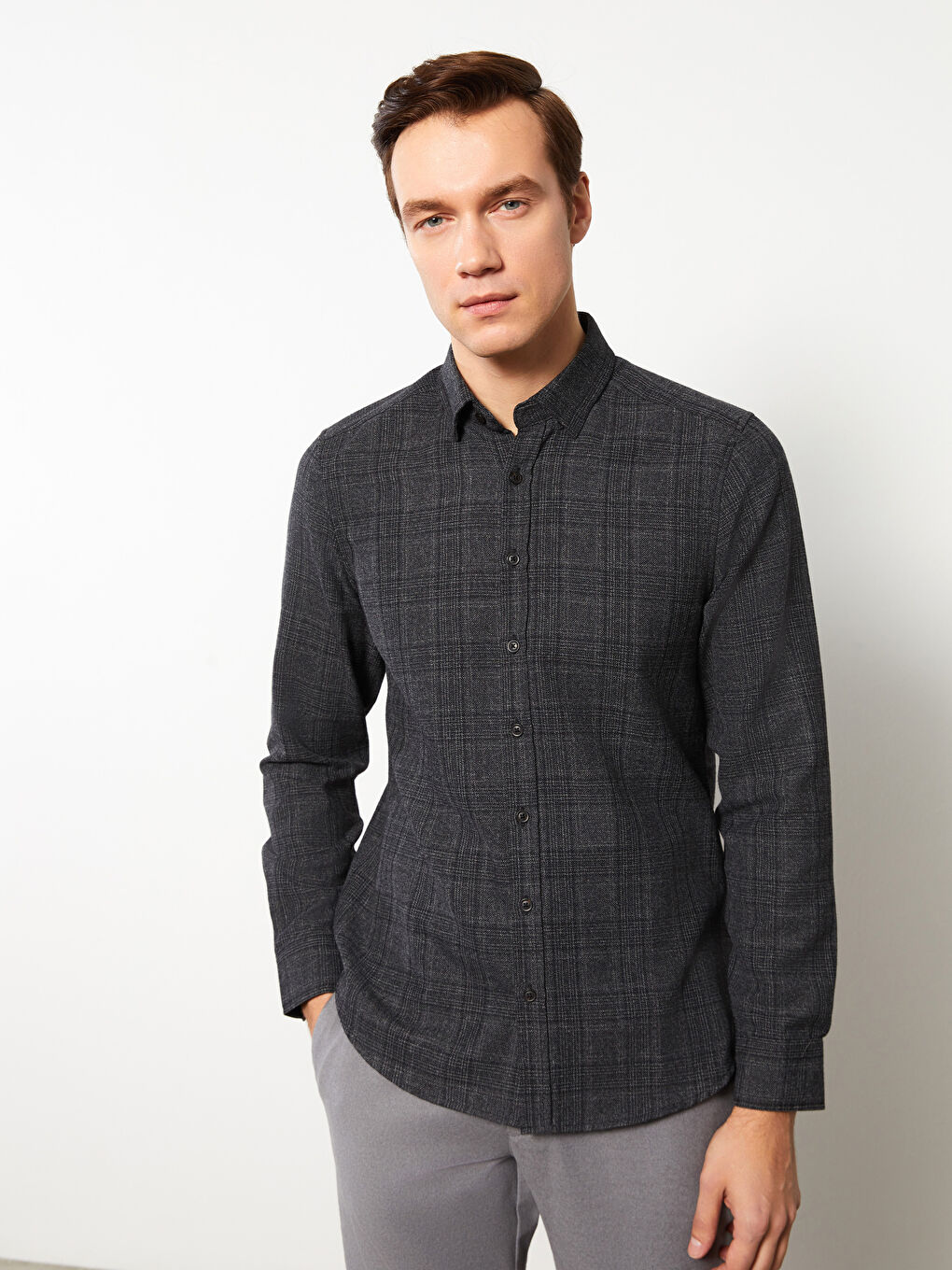 Gri Slim Fit Uzun Kollu Ekose Erkek Gömlek