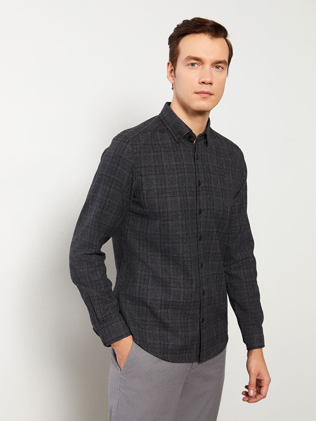 Gri Slim Fit Uzun Kollu Ekose Erkek Gömlek-1