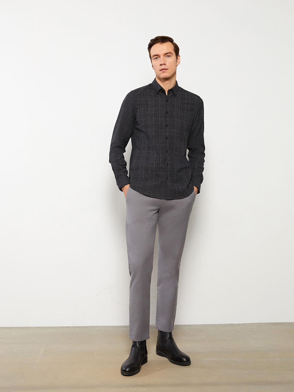 Gri Slim Fit Uzun Kollu Ekose Erkek Gömlek-2
