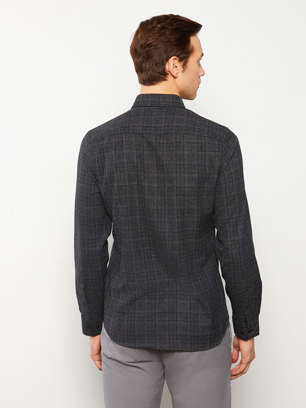Gri Slim Fit Uzun Kollu Ekose Erkek Gömlek-4