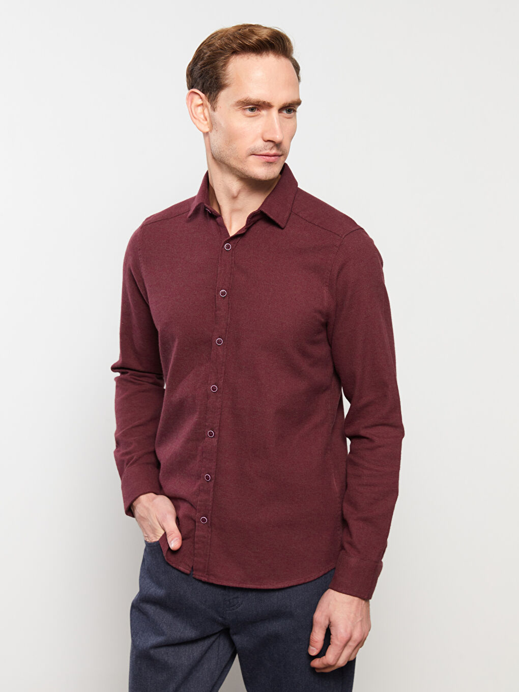 SOUTHBLUE Koyu Bordo Slim Fit Uzun Kollu Erkek Gömlek - 1