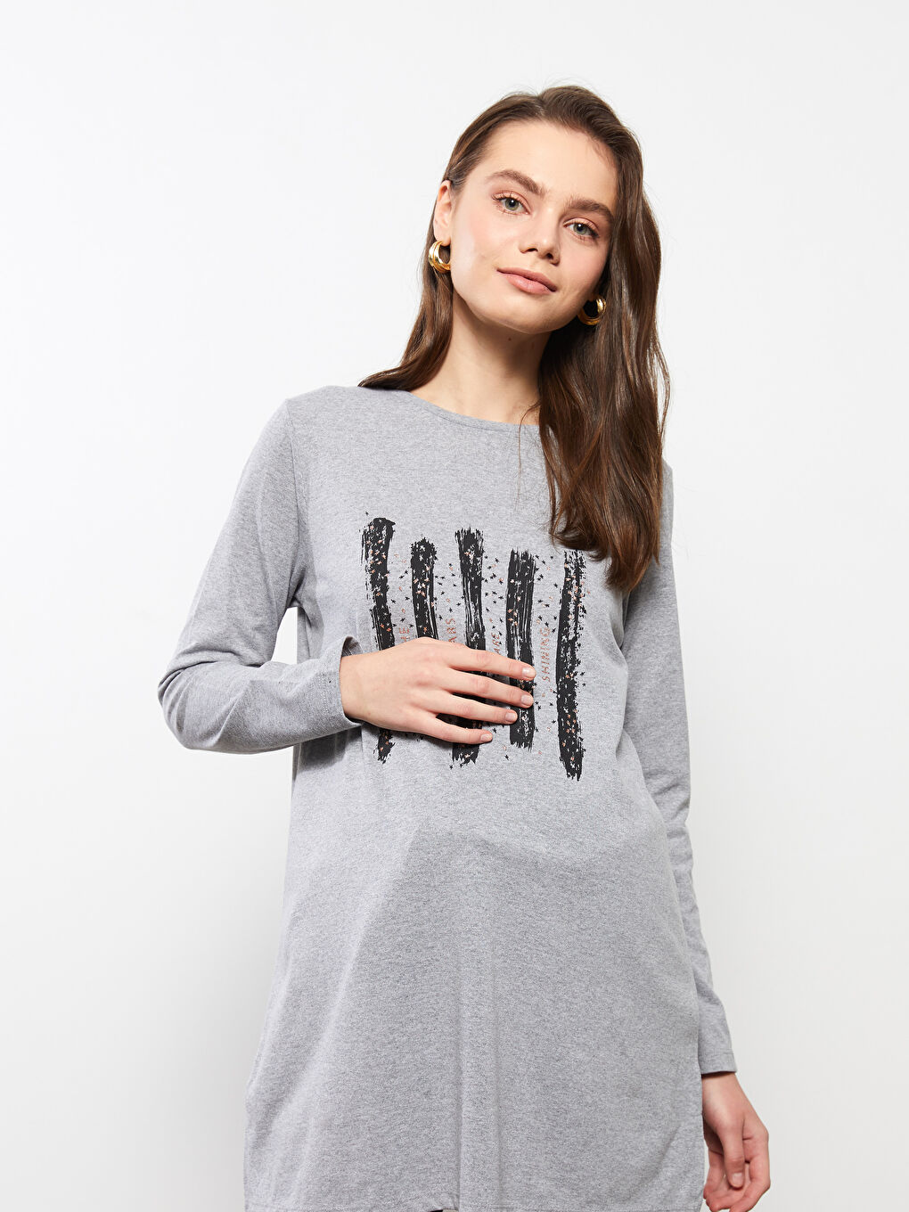 Crew Neck Printed Long Sleeve Maternity Tunic-3