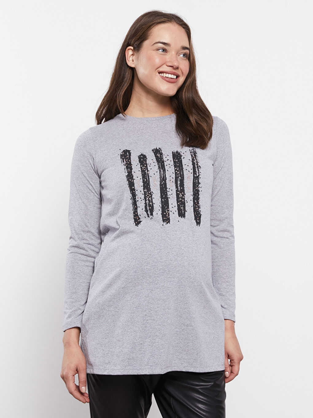 Crew Neck Printed Long Sleeve Maternity Tunic