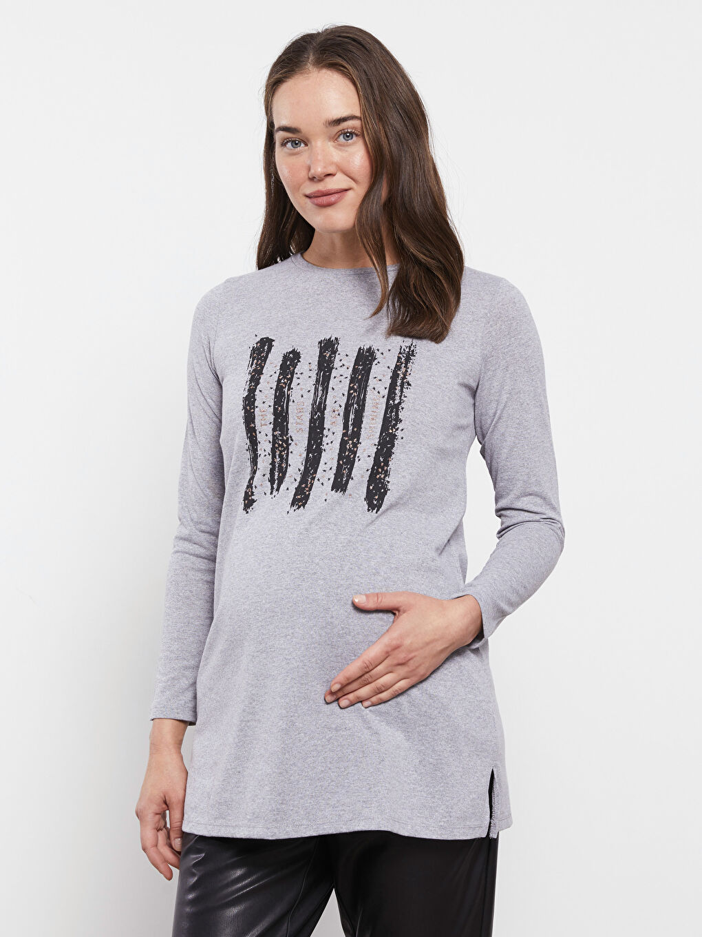 Crew Neck Printed Long Sleeve Maternity Tunic-2