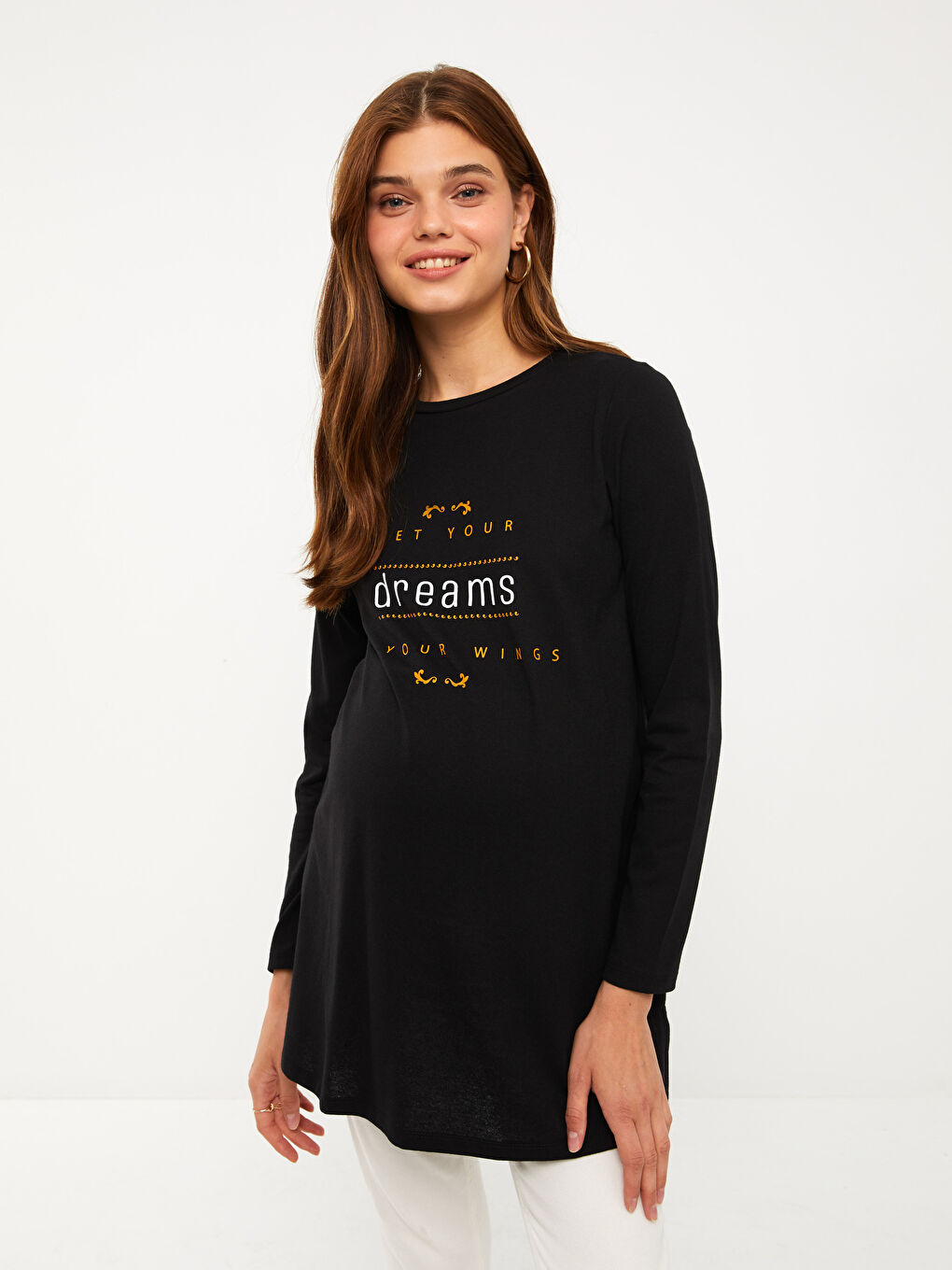 تونيك حوامل مطبوع بأكمام طويلة وقبة دائرية-1