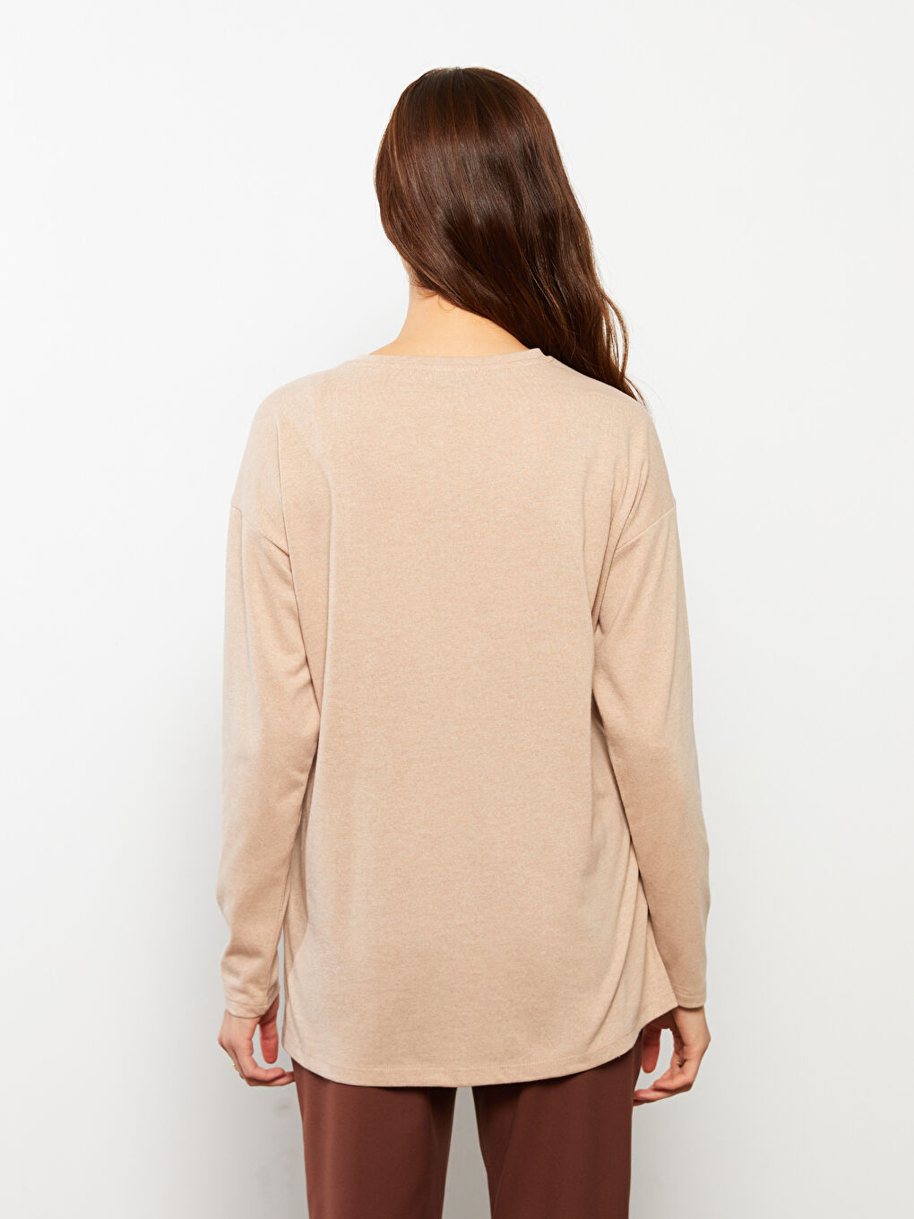 Bej Bisiklet Yaka Baskılı Uzun Kollu Hamile Tişört-3