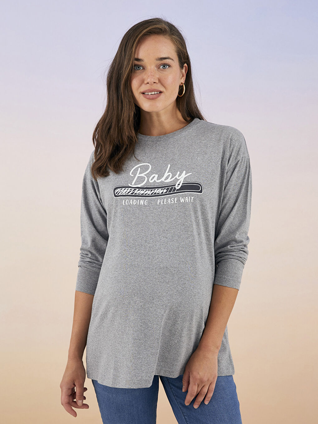 LCW ECO Crew Neck Printed Long Sleeve Maternity T-shirt -W2FI60Z8-SLH