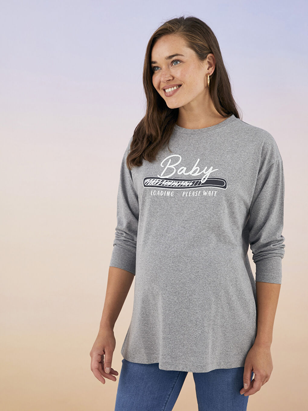 LCW ECO Crew Neck Printed Long Sleeve Maternity T-shirt -W2FI60Z8-SLH