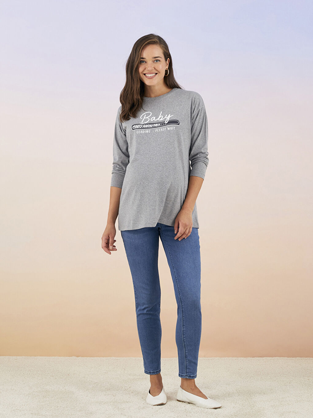 LCW ECO Crew Neck Printed Long Sleeve Maternity T-shirt -W2FI60Z8-SLH