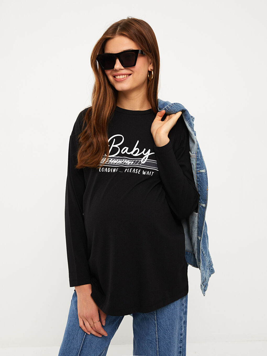 Siyah Bisiklet Yaka Baskılı Uzun Kollu Hamile Tişört