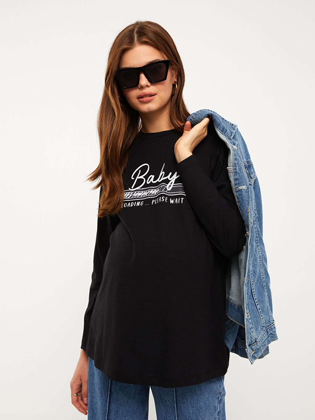Siyah Bisiklet Yaka Baskılı Uzun Kollu Hamile Tişört-1
