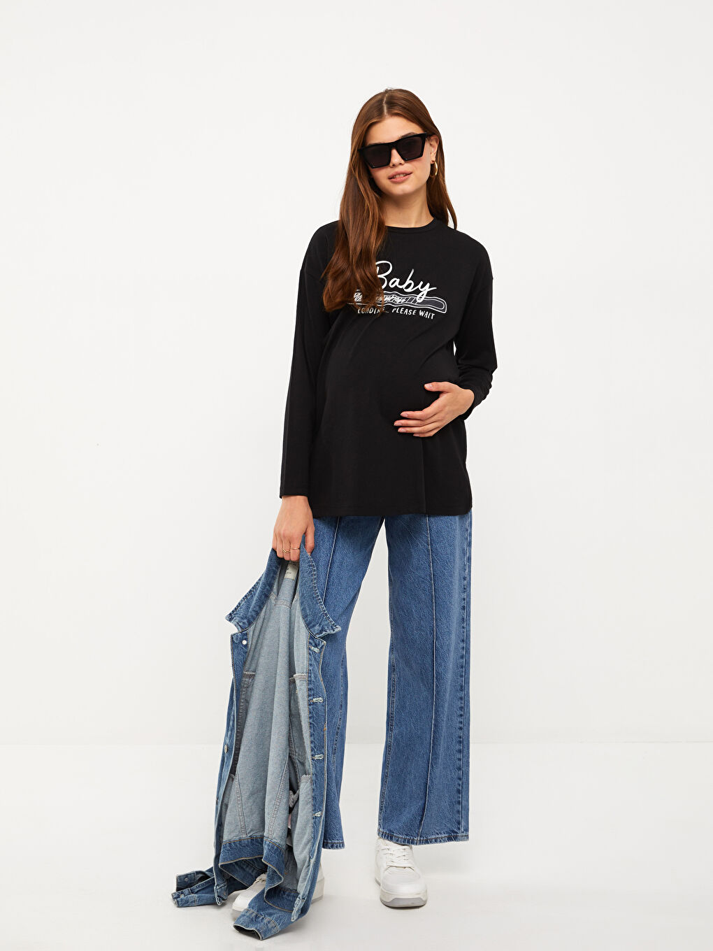 Siyah Bisiklet Yaka Baskılı Uzun Kollu Hamile Tişört-2