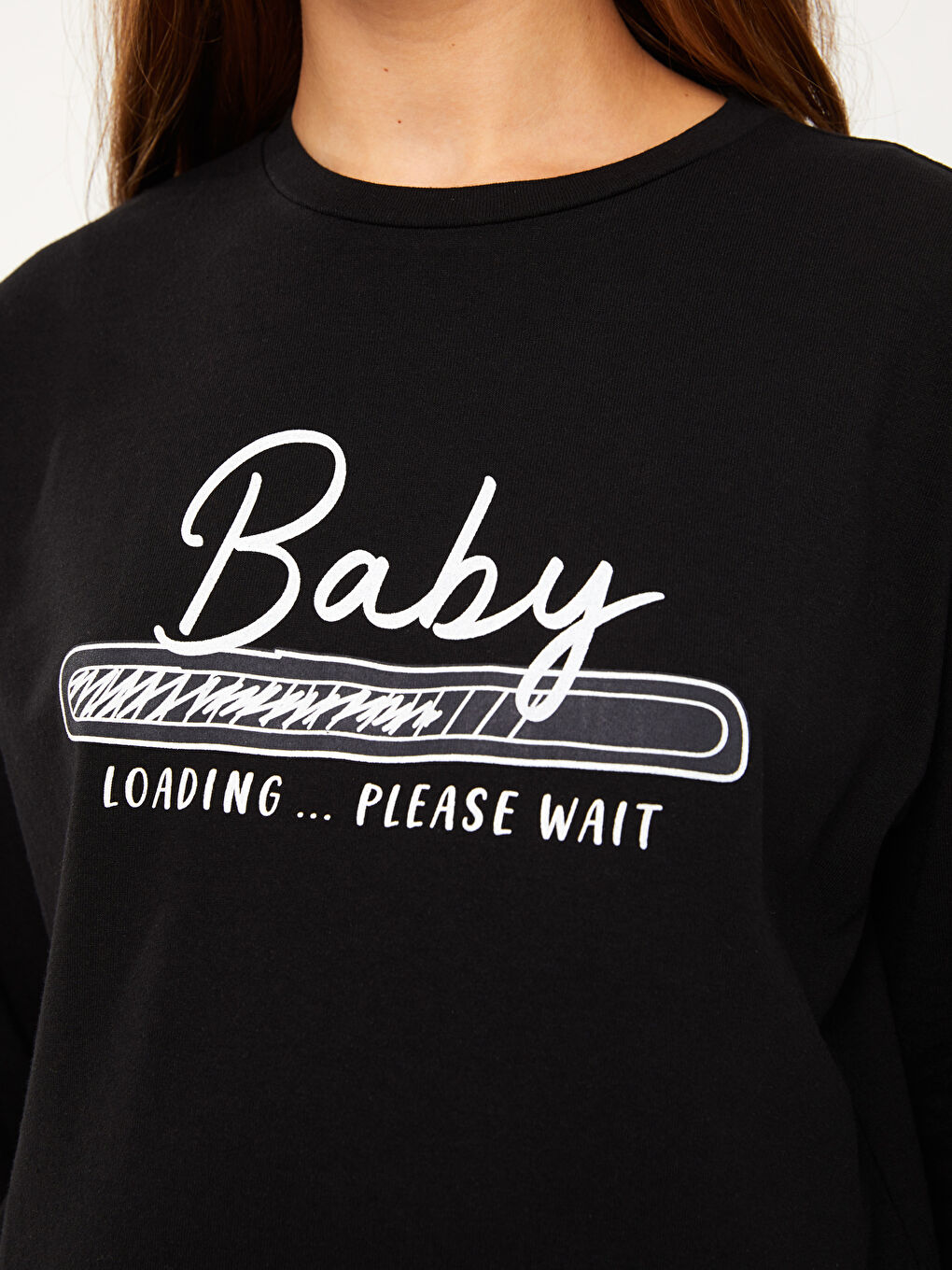 Siyah Bisiklet Yaka Baskılı Uzun Kollu Hamile Tişört-3