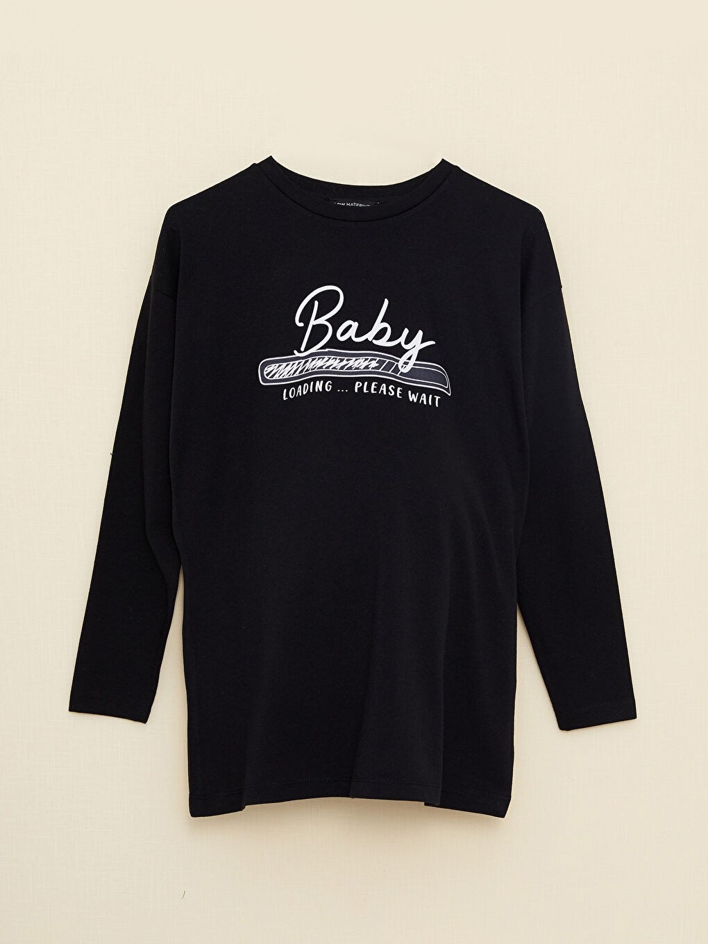 Siyah Bisiklet Yaka Baskılı Uzun Kollu Hamile Tişört-5