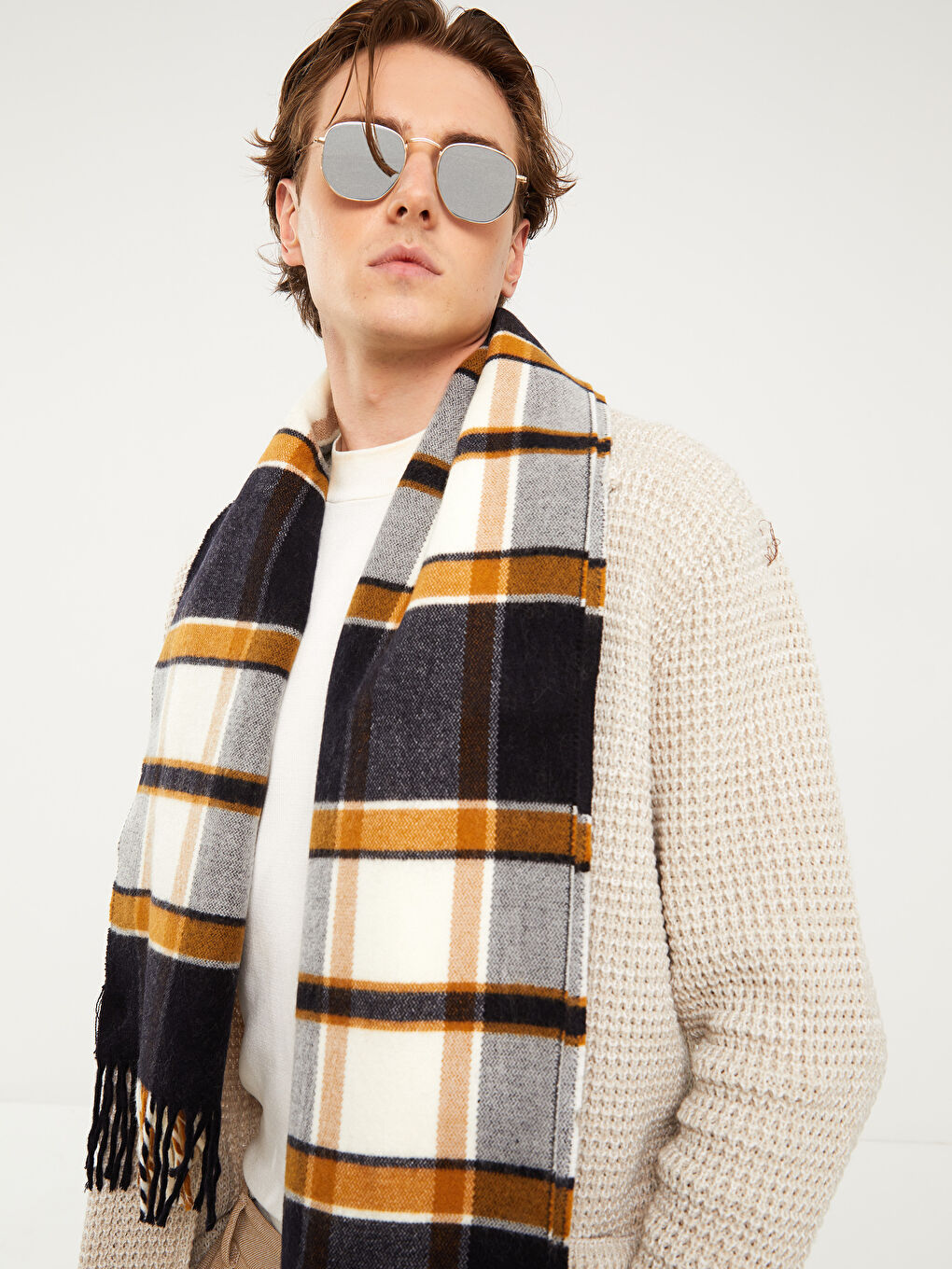 Plaid Patterned Fringed Men's Scarf