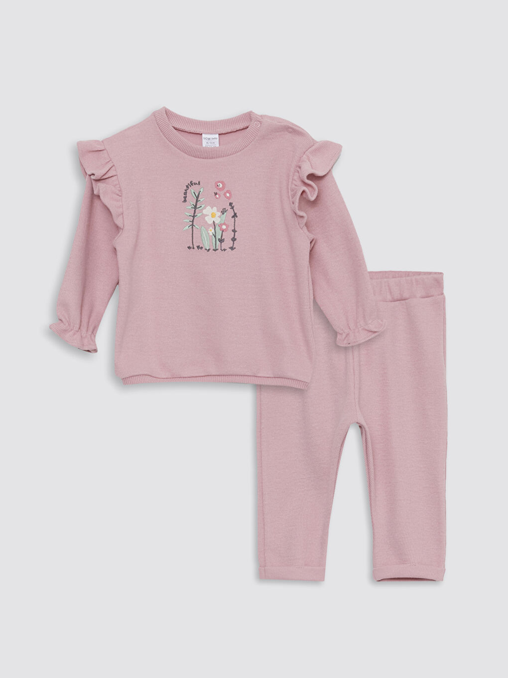 Pembe Bisiklet Yaka Uzun Kollu Nakış Detaylı Kız Bebek Sweatshirt ve Tayt 2'li Takım