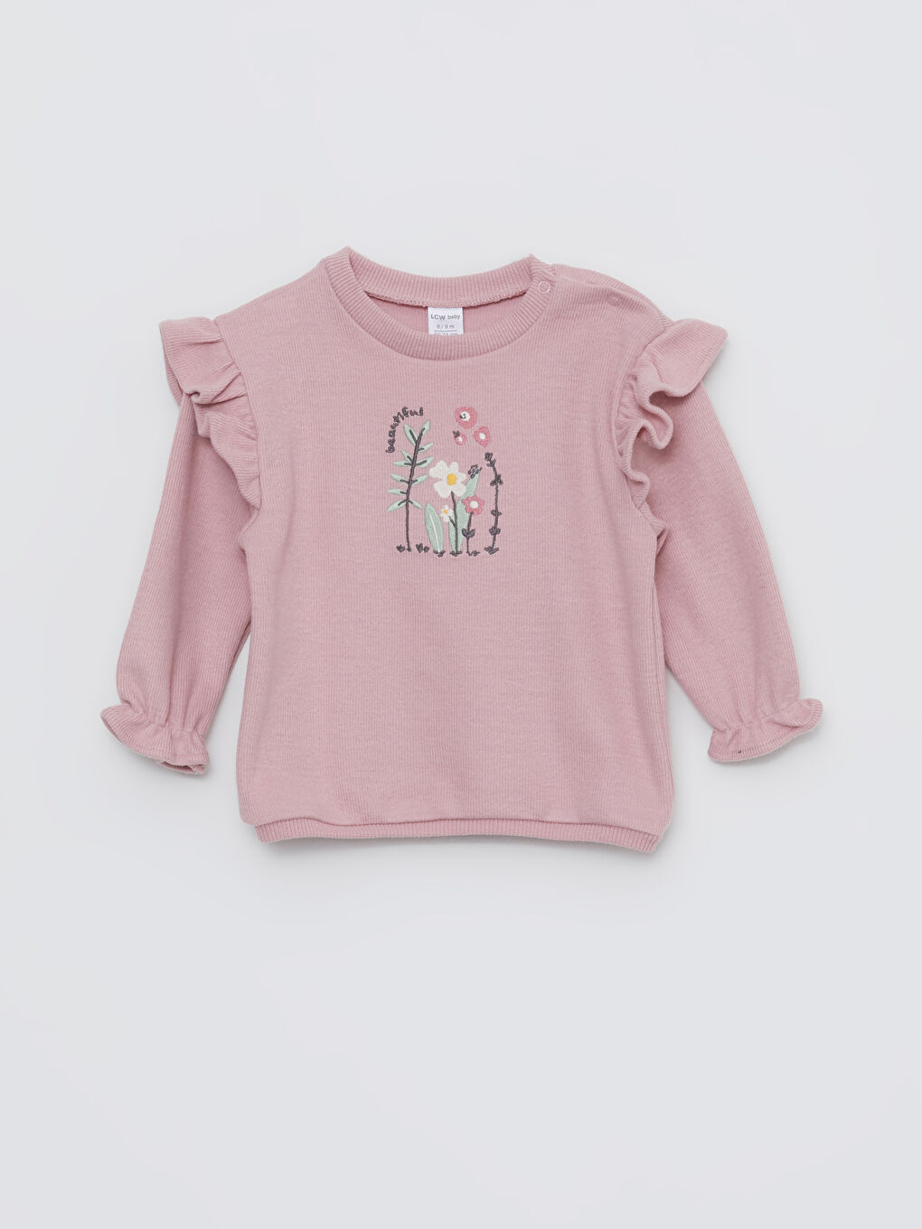 Pembe Bisiklet Yaka Uzun Kollu Nakış Detaylı Kız Bebek Sweatshirt ve Tayt 2'li Takım-1