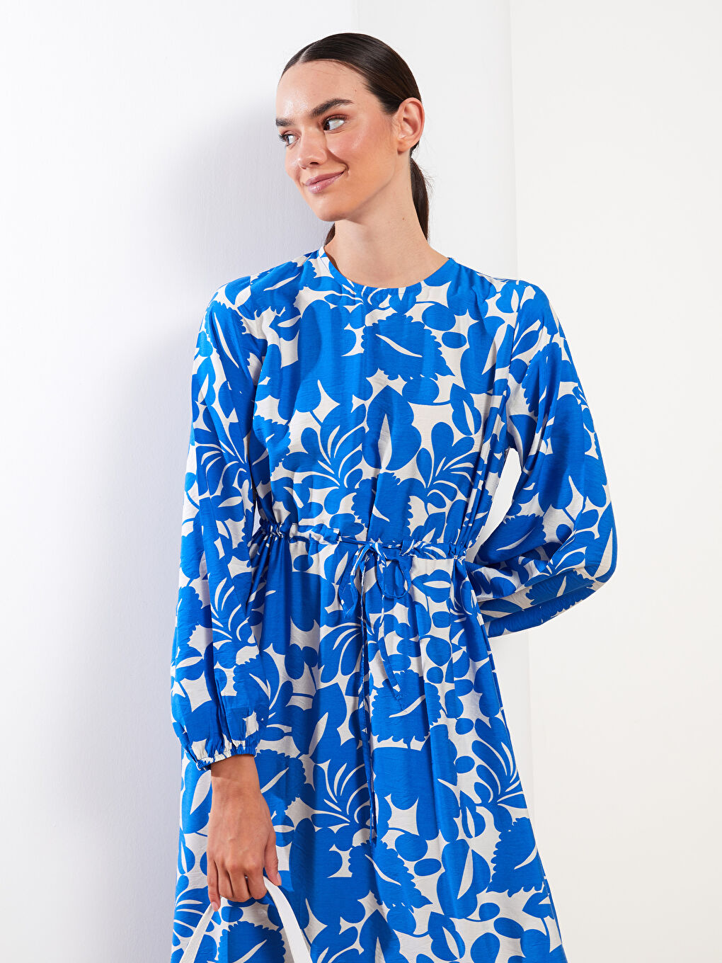 Crew Neck Patterned Long Sleeve Women's Dress-1