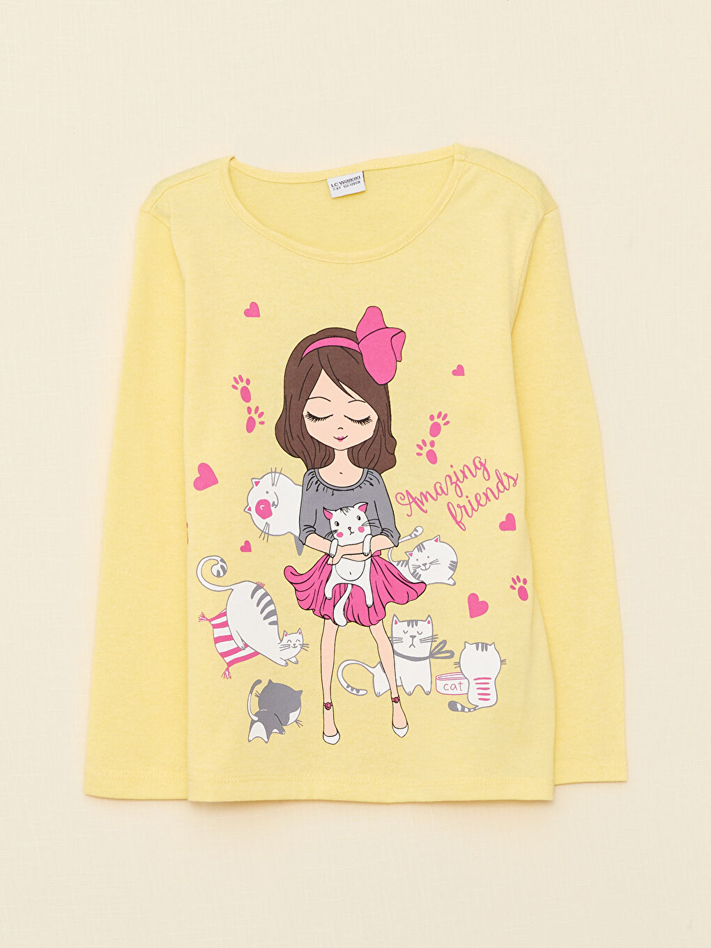 Sarı Bisiklet Yaka Baskılı Uzun Kollu Kız Çocuk Tişört