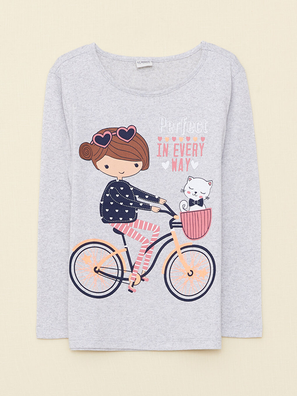 Gri Bisiklet Yaka Baskılı Uzun Kollu Kız Çocuk Tişört