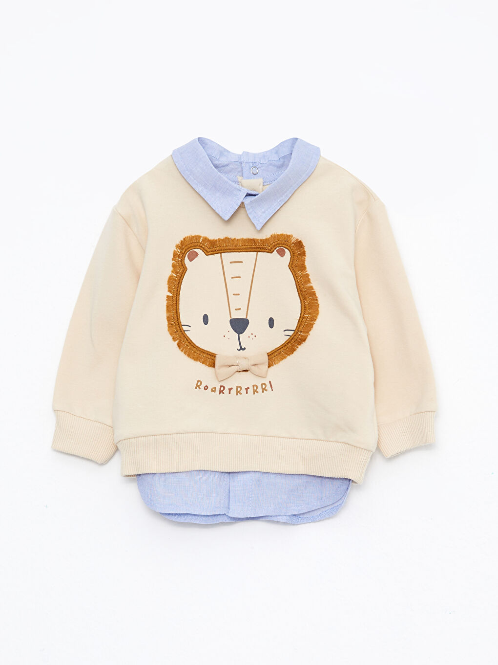 Bej Uzun Kollu Baskılı Erkek Bebek Gömlek ve Kadife Pantolon 2'li Takım-1