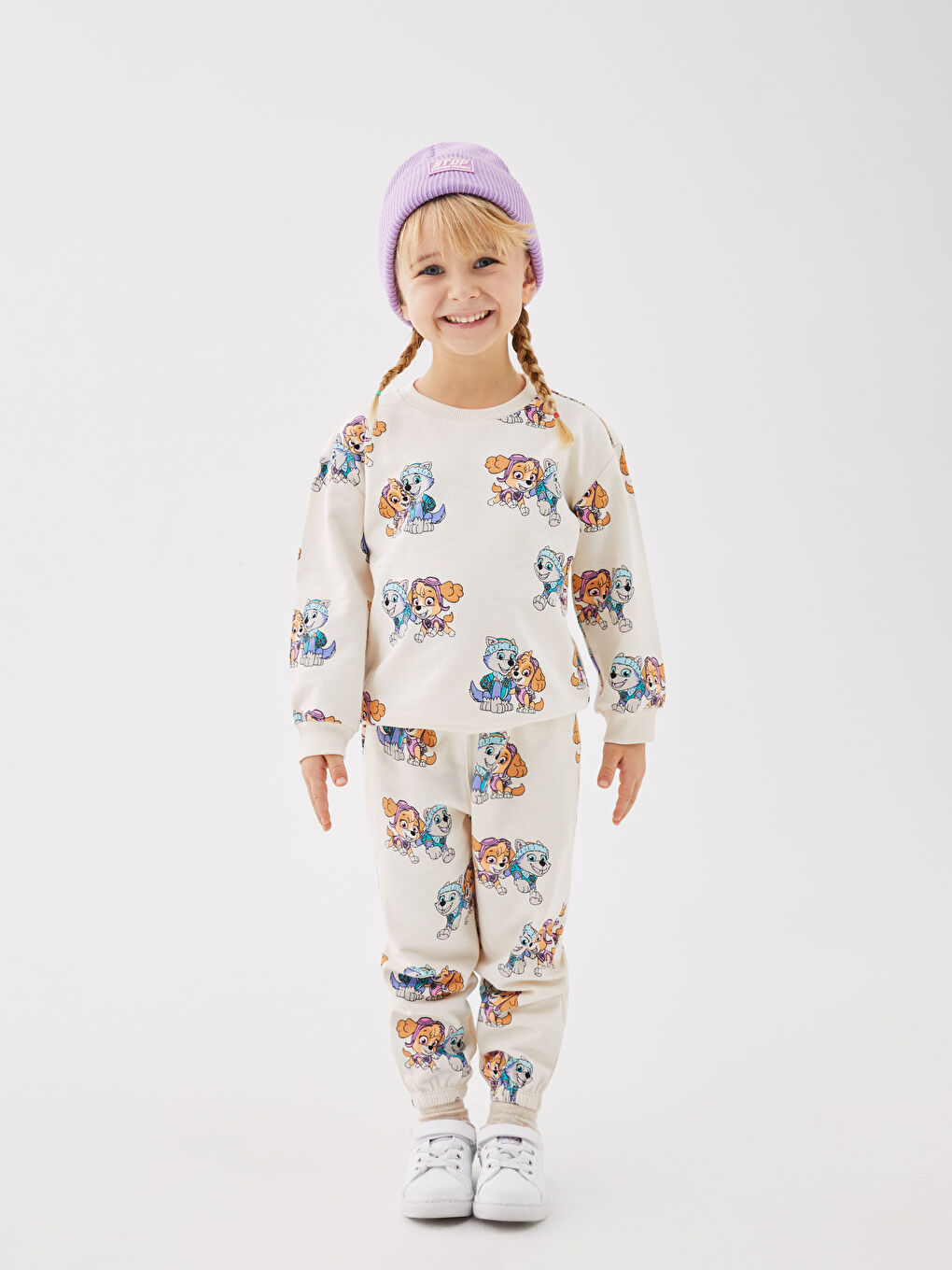 Ekru Bisiklet Yaka Uzun Kollu Paw Petrol Kız Bebek 2'li Takım-1