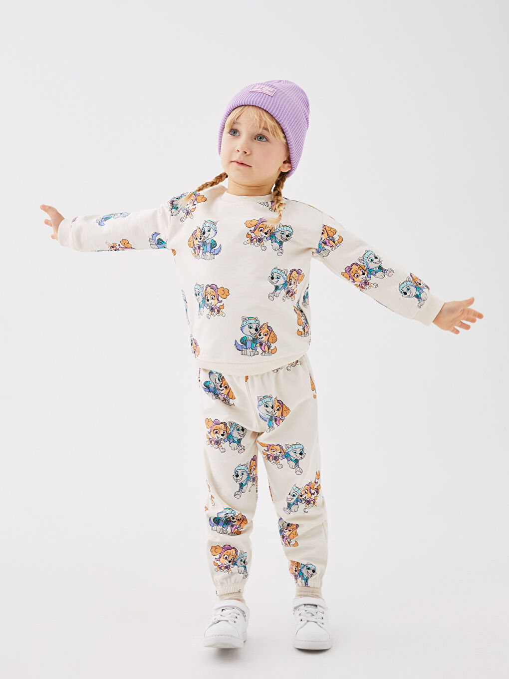 Ekru Bisiklet Yaka Uzun Kollu Paw Petrol Kız Bebek 2'li Takım-4