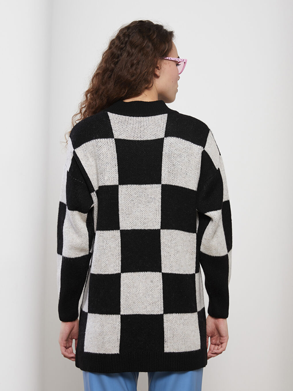 Siyah Bisiklet Yaka Desenli Uzun Kollu Oversize Kadın Triko Tunik-4