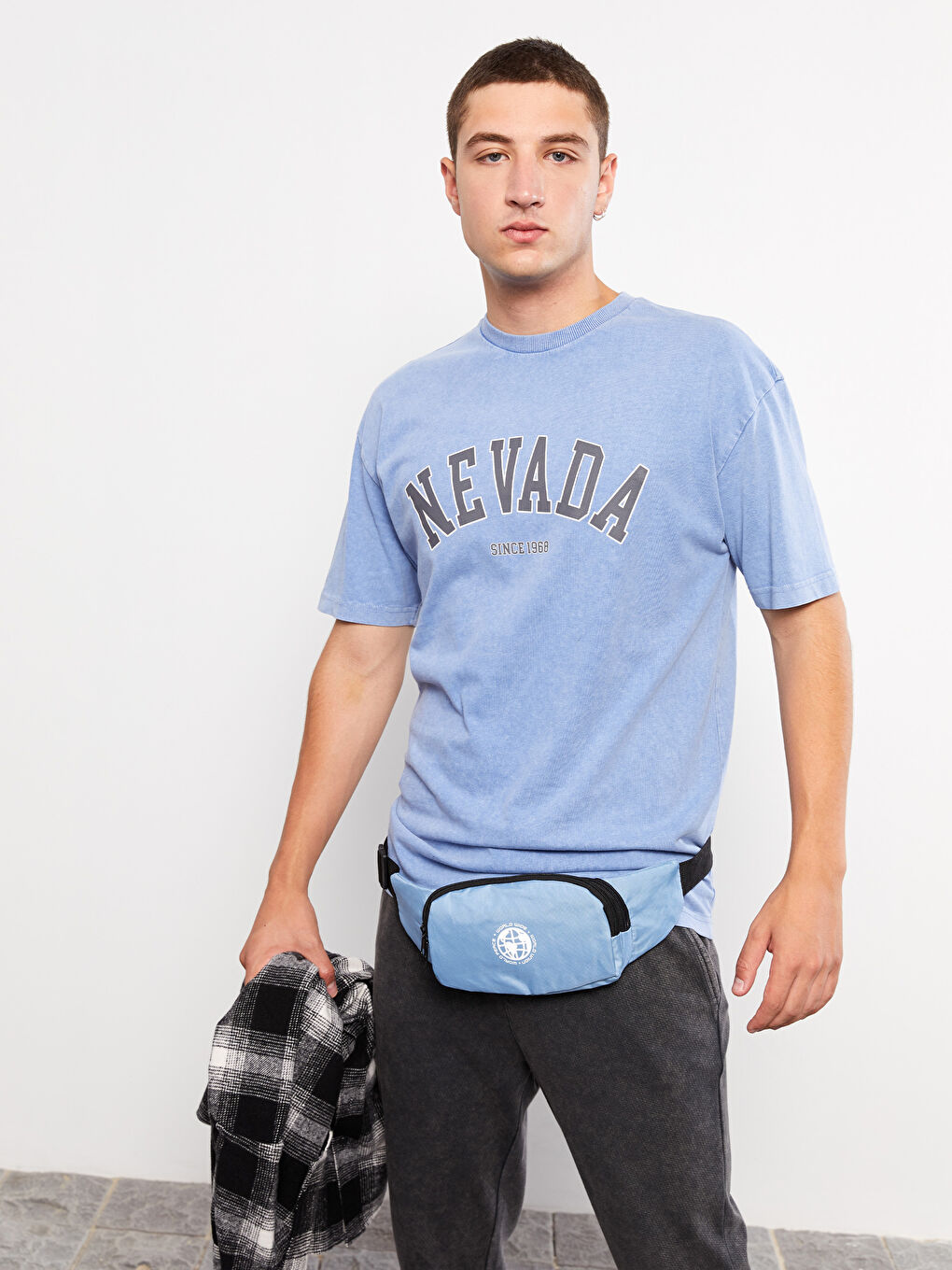 Lila Oversize Bisiklet Yaka Kısa Kollu Baskılı Penye Erkek Tişört