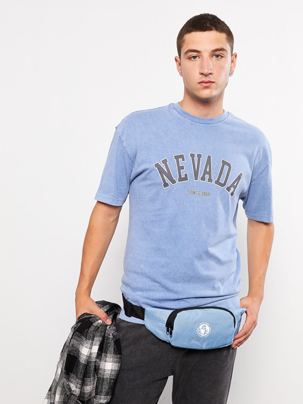 Lila Oversize Bisiklet Yaka Kısa Kollu Baskılı Penye Erkek Tişört-1