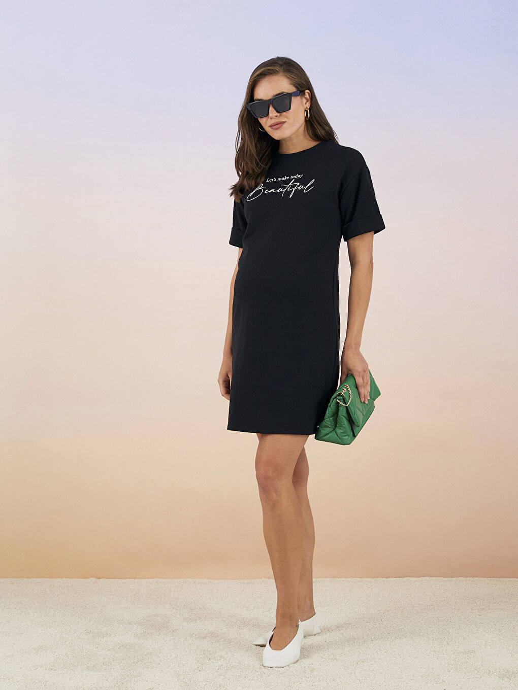 Siyah Bisiklet Yaka Baskılı Kısa Kollu Hamile Elbise